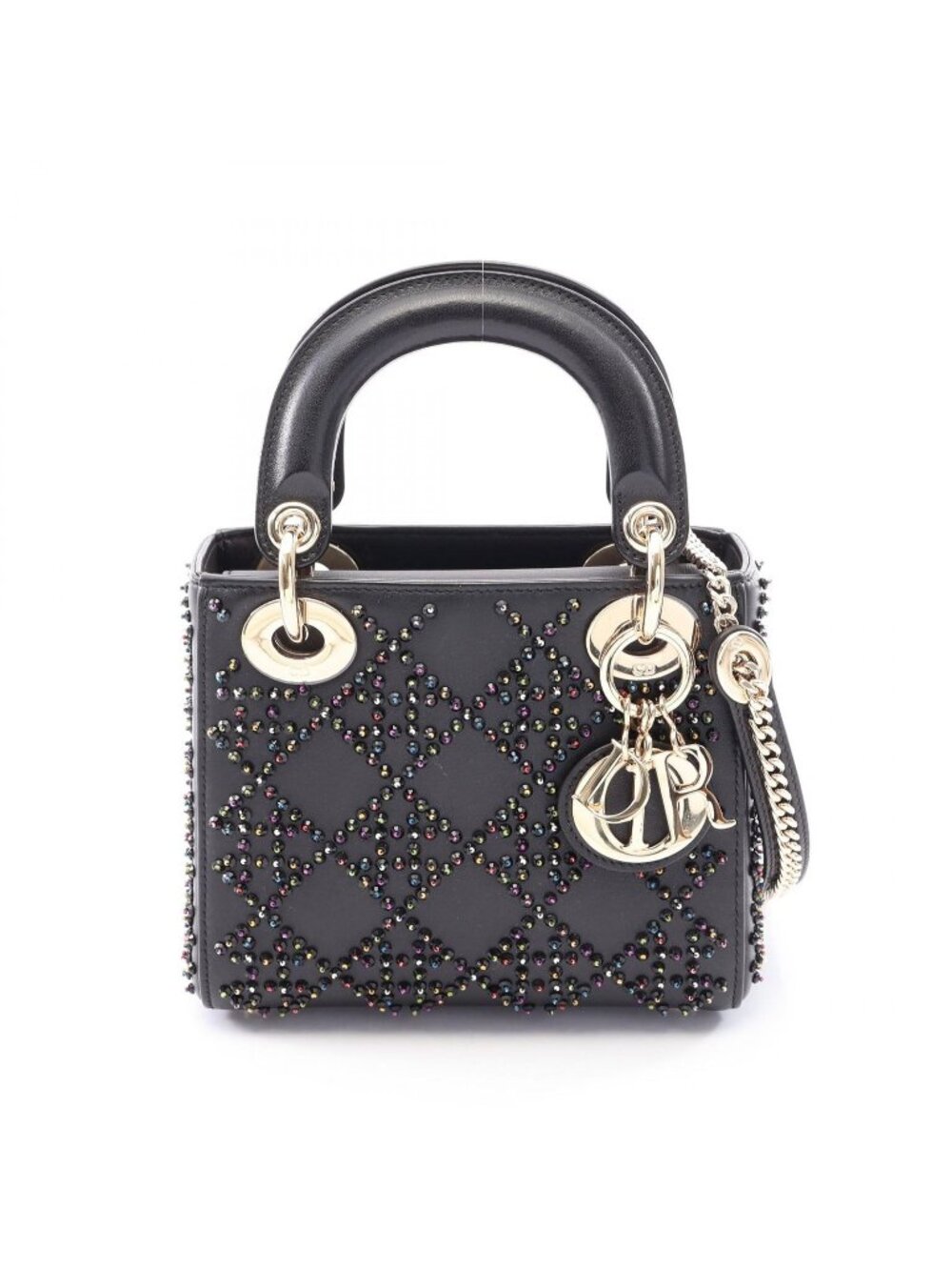 Dior Handbag Lady Dior Mini Beads 2-Way Black Multi Leather Tote